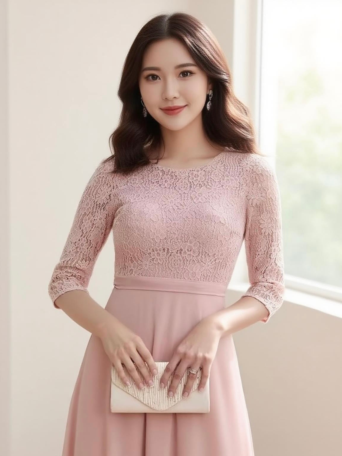 Long Sleeve Floral style evening dress.