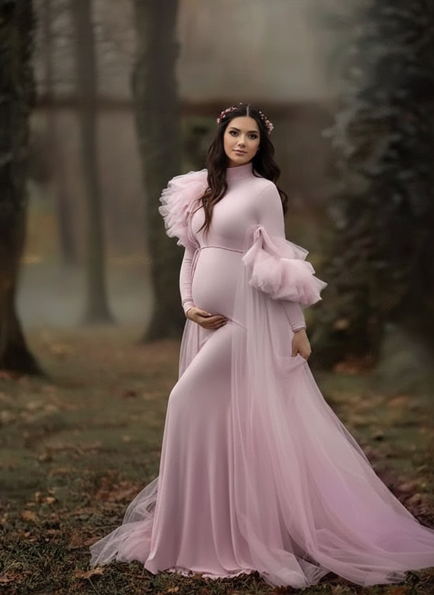Maternity Long Sleeve Floor-Mounting Mesh gorgeous design gown dress