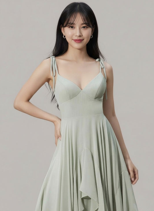 Chiffon A-line Bridesmaid Dresses V-neck Bow Spaghetti Straps Layered Ruffle