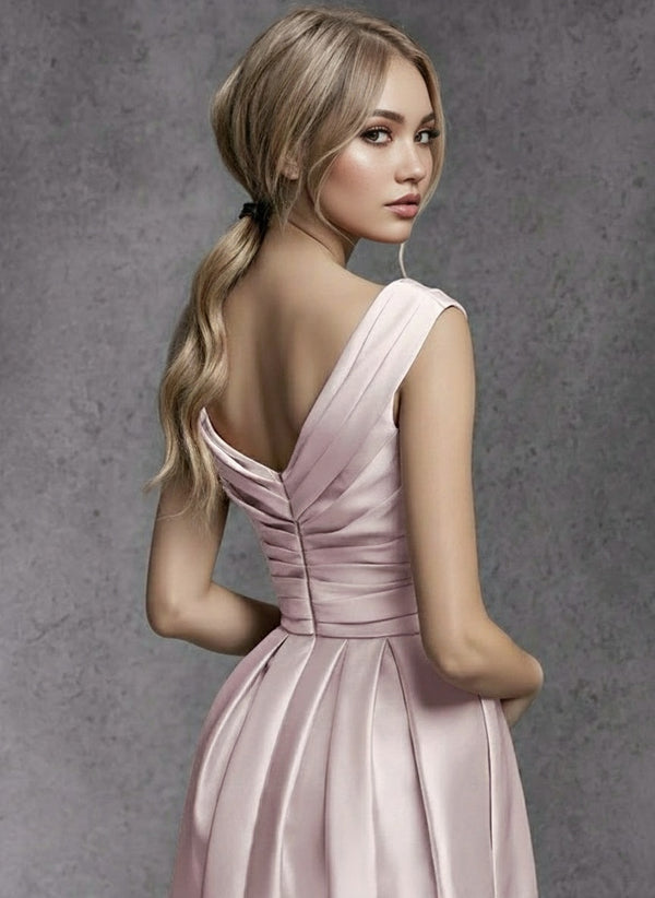 Satin Floor length elegant looking sleeveless bridesmaid dress