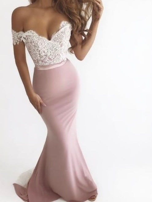 Mermaid Style off the shoulder bridesmaid dress Lace and Satin