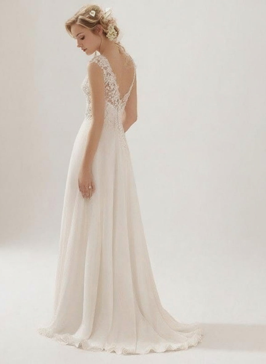 Mermaid style pure white, v neck lace designed bridesmaid dress