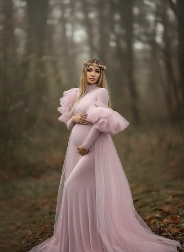 Maternity Long Sleeve Floor-Mounting Mesh gorgeous design gown dress